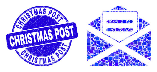 Geometric open mail mosaic icon and Christmas Post seal stamp. Blue vector round distress seal stamp with Christmas Post text. Abstract mosaic of open mail made of round, triangles,