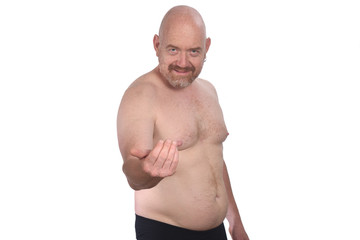 shirtless man calling you on white background