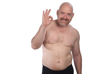 shirtless man ok sign on white background