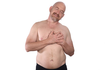 shirtless man with hands on heart  on white background