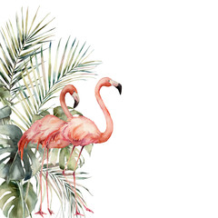 Watercolor tropical card with pair of pink flamingos and palm leaves. Hand drawn coconut and monstera leaves frame. Floral illustration isolated on white background for design, print or background.