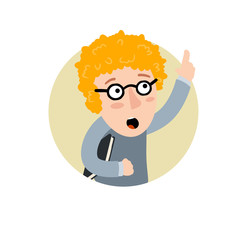 Smart boy point finger up. Nerd glasses with book. Explanation and training. Education at school. Children drawing. Ginger kid. Hand gesture. Flat cartoon
