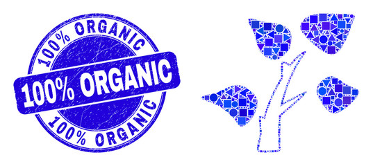 Geometric tree plant mosaic pictogram and 100% Organic seal stamp. Blue vector round scratched watermark with 100% Organic phrase. Abstract mosaic of tree plant organized of round, tringle,