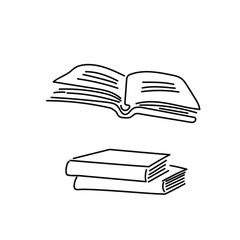 Books stacked and opened. Vector image in doodle style. Black drawing on a white background.