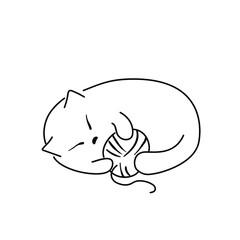 The kitten plays a ball of thread. Vector image in doodle style. Black drawing on a white background.