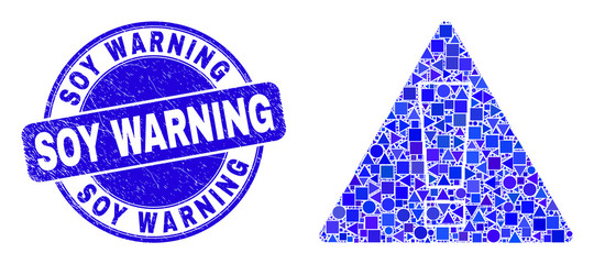 Geometric warning mosaic icon and Soy Warning seal stamp. Blue vector round scratched seal stamp with Soy Warning phrase. Abstract composition of warning designed of sphere, tringle,