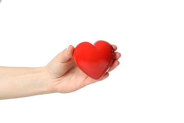 Female hand holds heart, isolated on white background