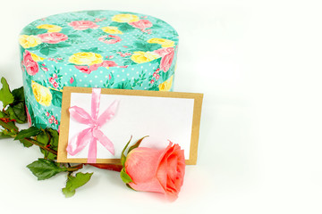 greeting card, box and rose, copy space