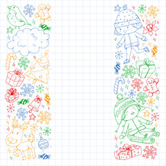 Christmas pattern with little children. Kids play and have fun during winter vacations.