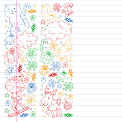 Christmas pattern with little children. Kids play and have fun during winter vacations.