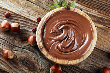 Homemade hazelnut spread in a bowl. Hazelnut Nougat cream closeup