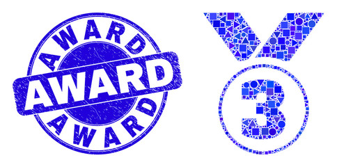 Geometric third place award mosaic icon and Award seal stamp. Blue vector round scratched stamp with Award caption. Abstract collage of third place award created of round, tringle,