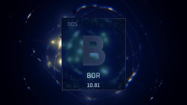 Boron as Element 5 of the Periodic Table. Seamlessly looping 3D animation on blue illuminated atom design background orbiting electrons name, atomic weight element number in German language