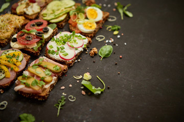 Top view of different decorated sandwiches as appetizer. Healthy food. Vegetable meal