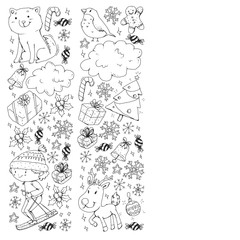 Coloring page with Christmas pattern for little children. Kids play and have fun during winter vacations.