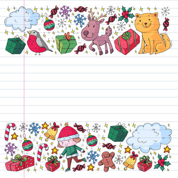 Christmas pattern for little children. Kids play and have fun during winter vacations.