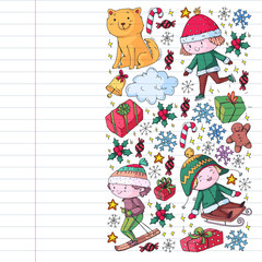 Christmas pattern for little children. Kids play and have fun during winter vacations.