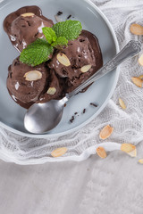Delicious chocolate ice cream for dessert on plate with mint leaf