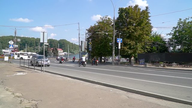 Ternopil, Ukraine, May 2020: Motorcycle riders: large group of bike rider passing through town in the parade