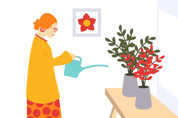 Woman watering plants. Vector illustration.