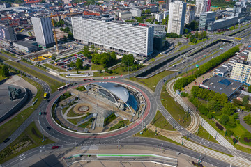 Katowice top aerial view of roundabout of General Jerzy Zietek, Katowice, Poland. - obrazy, fototapety, plakaty