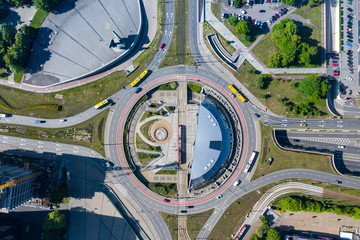 Katowice top aerial view of roundabout of General Jerzy Zietek, Katowice, Poland. - obrazy, fototapety, plakaty