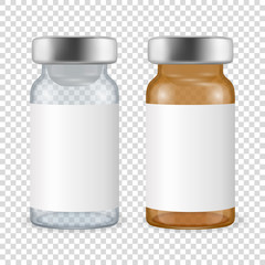 Vector 3d Realistic Bottles of Vaccine Icon Set Closeup Isolated on Transparent Background. Copy Space. Drug Ampoule Design Template, Clipart, Mockup. Vaccination concept. Front View