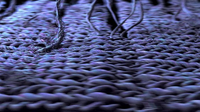 Close Up Of Textile Material Knitting. Realistic Process Of Fabric Making.