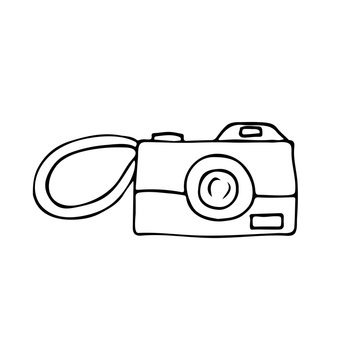 Hand drawn photo camera illustration in vector on white background. Doodle photo camera vector illustration