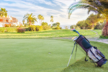 Golf clubs drivers over green field background