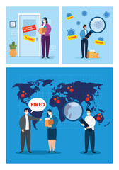 coronavirus, unemployment, jobless from covid 19, company closed and business shut down, scenes people unemployment using face mask vector illustration design