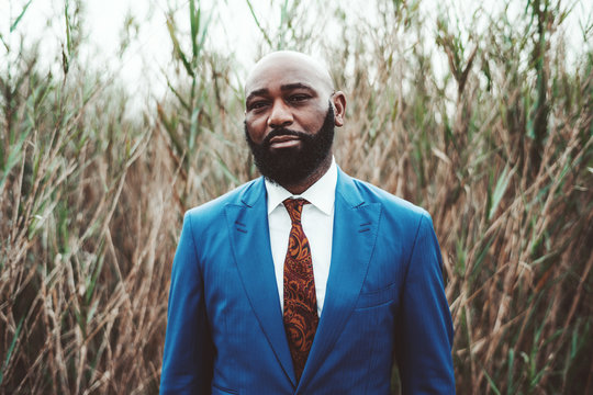 Portrait of a handsome mature bearded bald African man standing in front of thickets of reeds in an elegant blue business costume with a tie; a fancy serious black guy in a formal suit outdoors