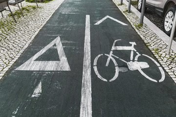 Obraz premium Wide-angle view of a road marking sign on asphalt on a bicycle lane&nbsp;and the running track, dividing line in the center, paving-stone on sides