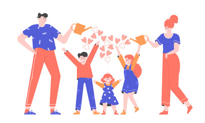 Fototapeta premium Mom and Dad with watering cans. Parents invest resources and love in children. Happy family with three children. Vector flat illustration.