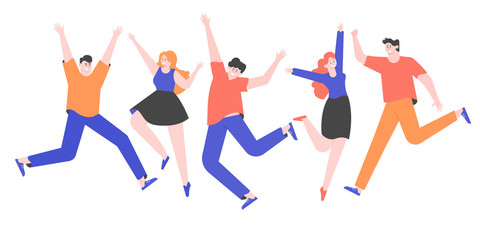 Group of happy people in casual clothes. Men and women are jumping. Celebration. Vector flat illustration.