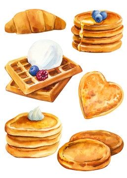 set of fast food, waffles with ice cream and berries,  pancakes on an isolated white background, watercolor illustration
