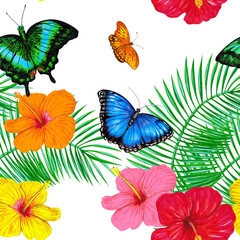 Tropical butterflies, palm leaves and hibiscus flowers on a white background. Jungle seamless pattern design for wallpaper, paper, textile, fabric.
