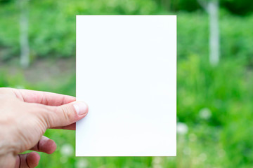 Blank vertical paper card holding in hand on green blurred garden background as simple template for...