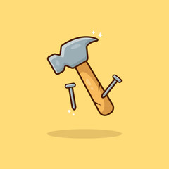 Hammer and nails Vector Icon Illustration.  Hammer that drives nails. Flat Cartoon Style Suitable for Web Landing Page, Banner, Flyer, Sticker, Card. Vector cartoon flat illustration.
