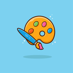 Brush and palette with paints Vector Icon Illustration. Brush paints. Flat Cartoon Style Suitable for Web Landing Page, Banner, Flyer, Sticker, Card. Vector cartoon flat illustration.