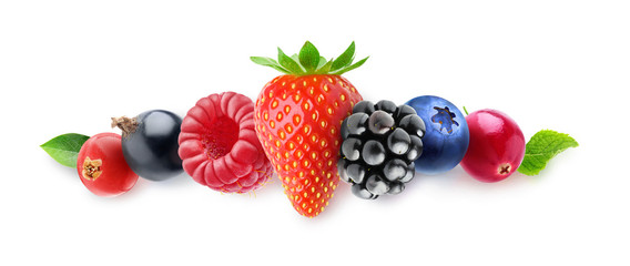 Isolated berries.  Red and black currants, raspberry, strawberry, blackberry, blueberry and...