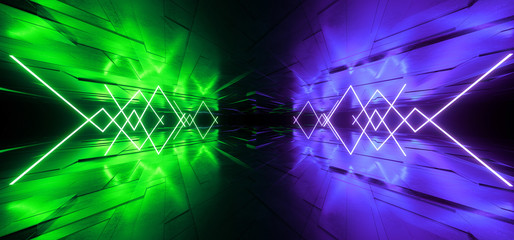 Abstract Sci Fi Neon Futuristic Synth Cyber Virtual Glowing Vibrant Green Purple Lights Dance Stage Night Underground Tunnel Corridor Metal Tiles Reflective  Laser Background 3D Rendering