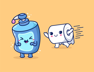 Toilet paper runs to a joyful soap, an antiseptic. Cartoon vector characters with emotions. Vector flat Icon Illustration. Flat Cartoon Style Suitable for Web Landing Page, Banner, Flyer Sticker.