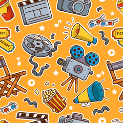 Pattern from vector cartoon movie icons. A pattern that can be used in movie themes. Cinema, films, entertainment. Suitable for backpacks, books, banners, websites, brochures. Beautiful stickers.