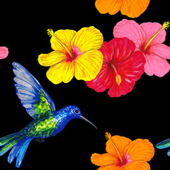 Colibri bird and hibiscus flowers on a black background. Summer tropical seamless pattern design for wallpaper, paper, textile, fabric.