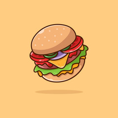 Isolated burger on the background. Beautiful vector flat illustration with stroke. Suitable for web page, banner, flyer, sticker, card. Appetizing, beautiful, realistic food.