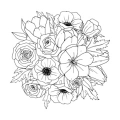 Flower  bouquet - floral mix. Vector coloring page– Flower bouquet. Coloring book page. Hand-drawn illustration for coloring.