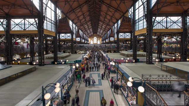 Budapest Hungary Crowds in the Great Market Hall Aerial time lapse