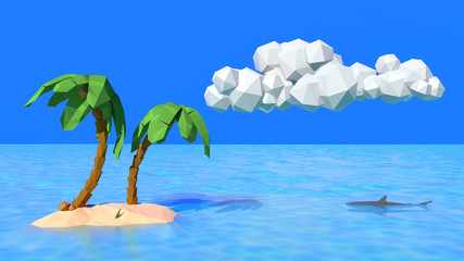 Low Poly Computer Generated rendered illustration of a Tropical Island Lagoon with Palm Trees