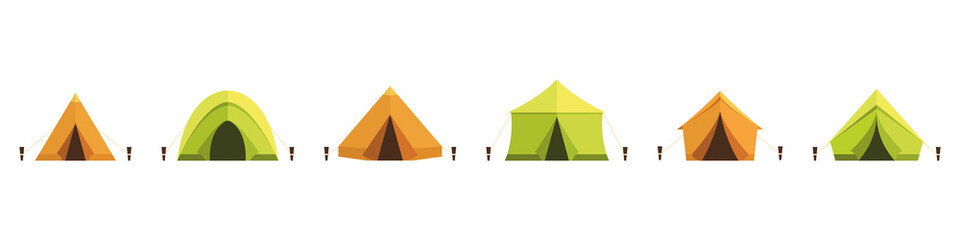 Set of different tents. The concept of tourist camps. Flat style. Vector illustration
